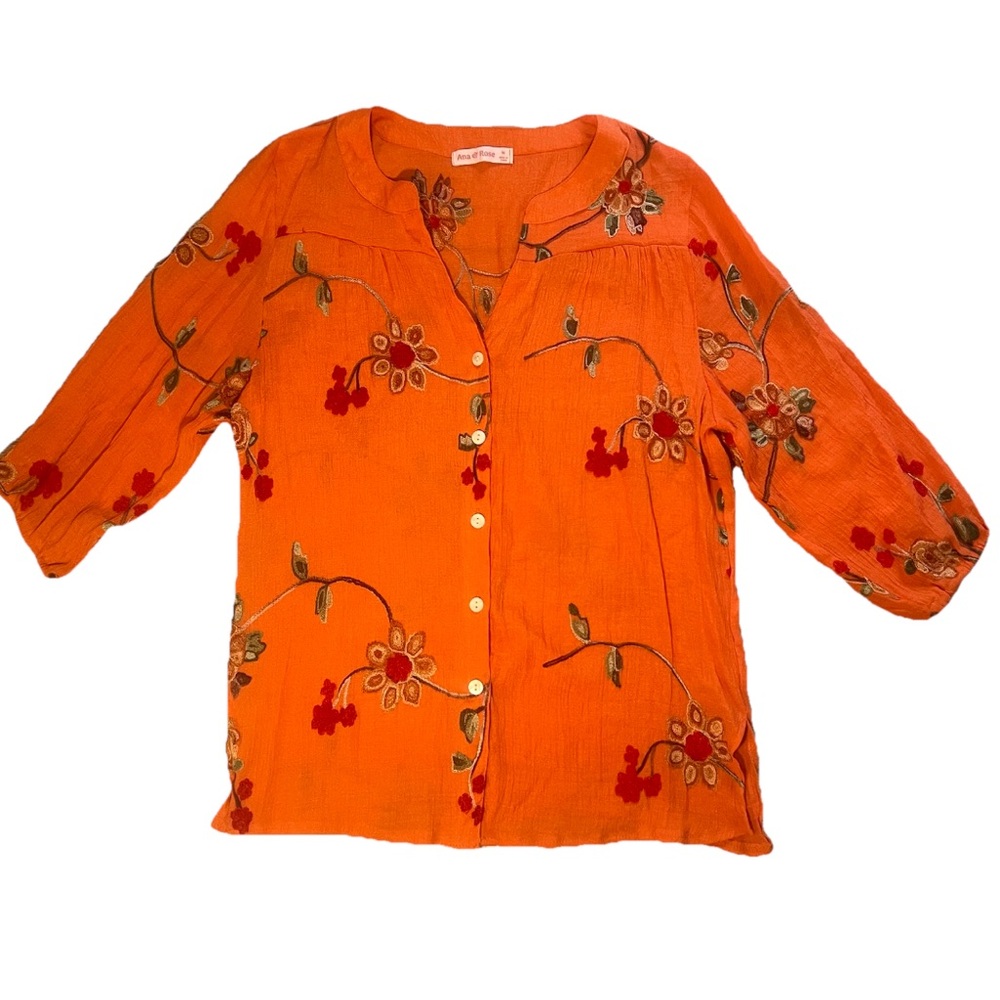Ana & Rose Linen Embroidered Blouse Womens Size M Floral Boho Button Up‎ Hippie